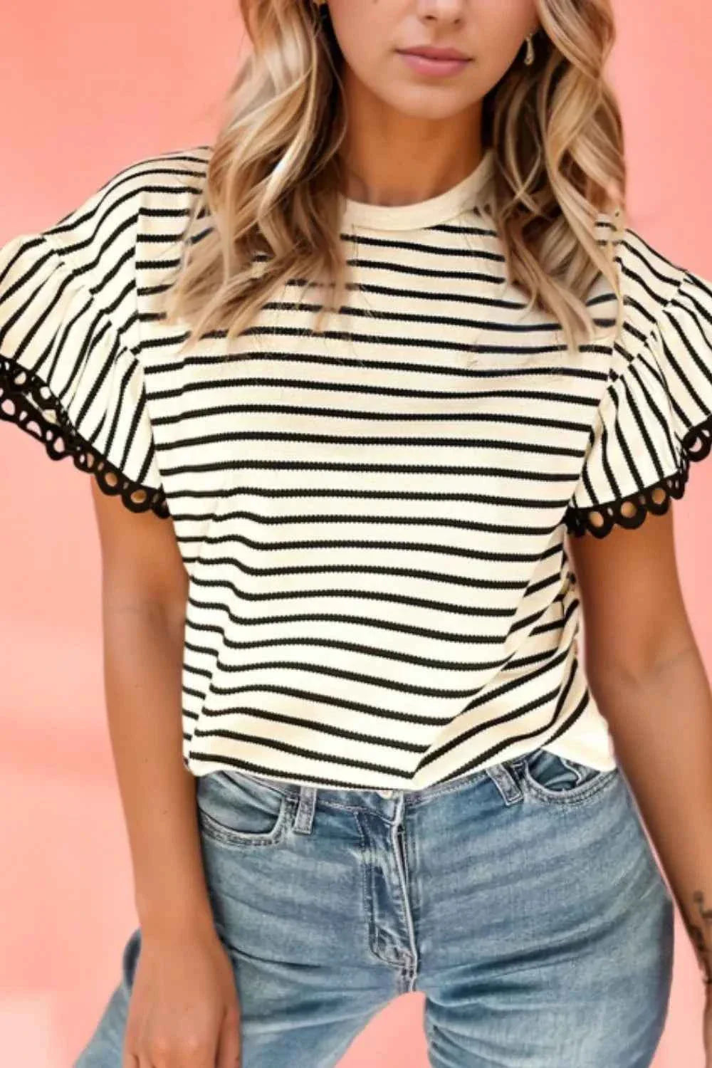 Striped Ruffle Sleeve Blouse with Round Neck