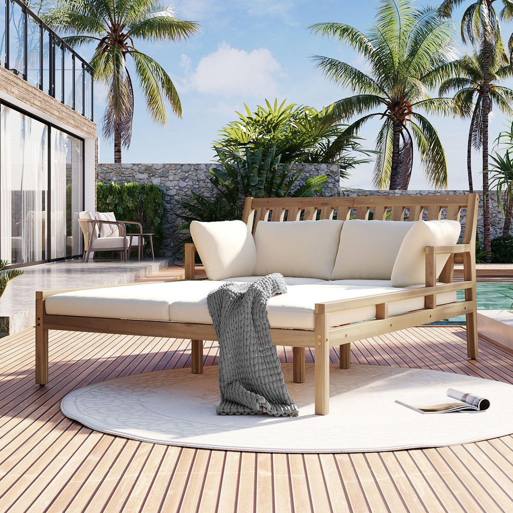 Outdoor Daybed, Patio Daybed with Four Pillows, Wooden Outdoor Bed with Curved Armrests for Poolside, Backyard, Garden