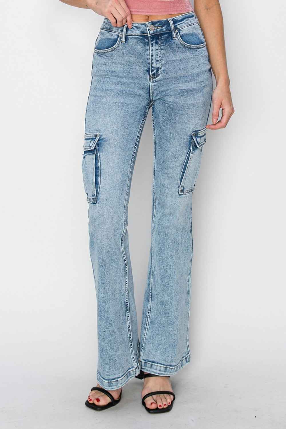 RISEN Full Size High Rise Cargo Flare Jeans for Women
