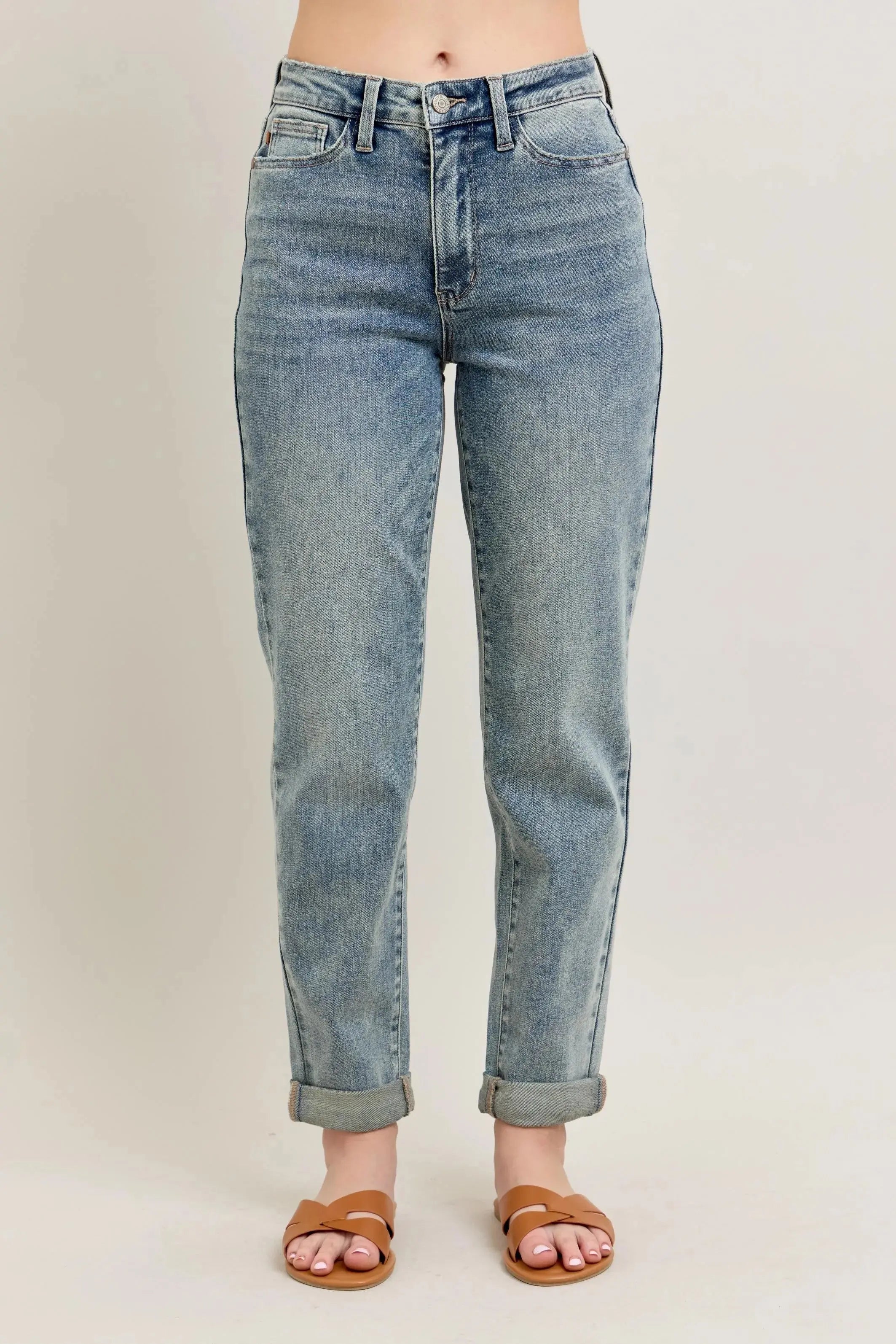 Judy Blue Jeans - Full Size High Waist Vintage Wash Double Roll Cuff Boyfriend Fit