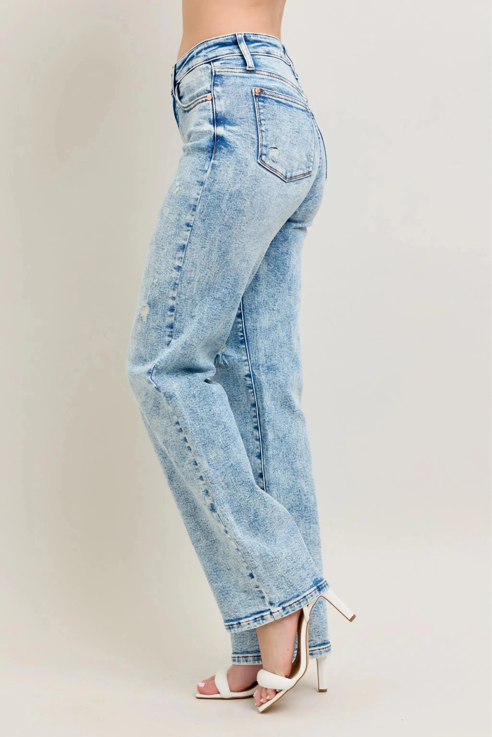 Full Size High Waist Mineral Wash Destroy 90's Straight Leg Judy Blue Jeans