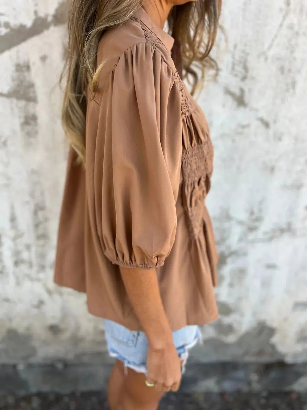 Full Size Red Smocked Button Puff Sleeve Blouse – Plus Size