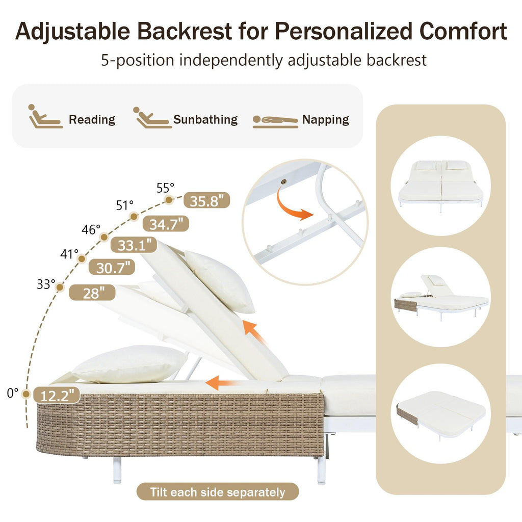 Outdoor Daybed, Patio Rattan Daybed with 5-Position Adjustable Backrest and Removable Cushions & Pillows for Garden, Backyard, Poolside