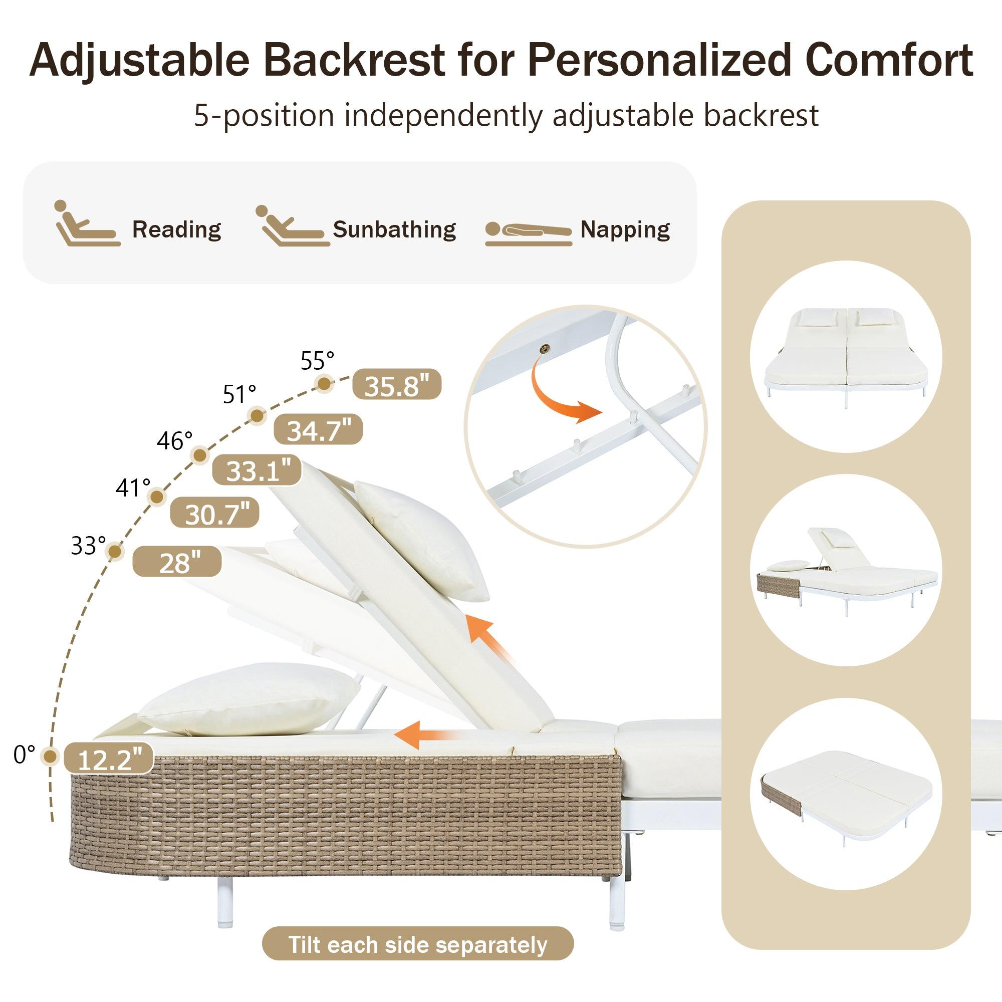 Outdoor Daybed, Patio Rattan Daybed with 5-Position Adjustable Backrest and Removable Cushions & Pillows for Garden, Backyard, Poolside