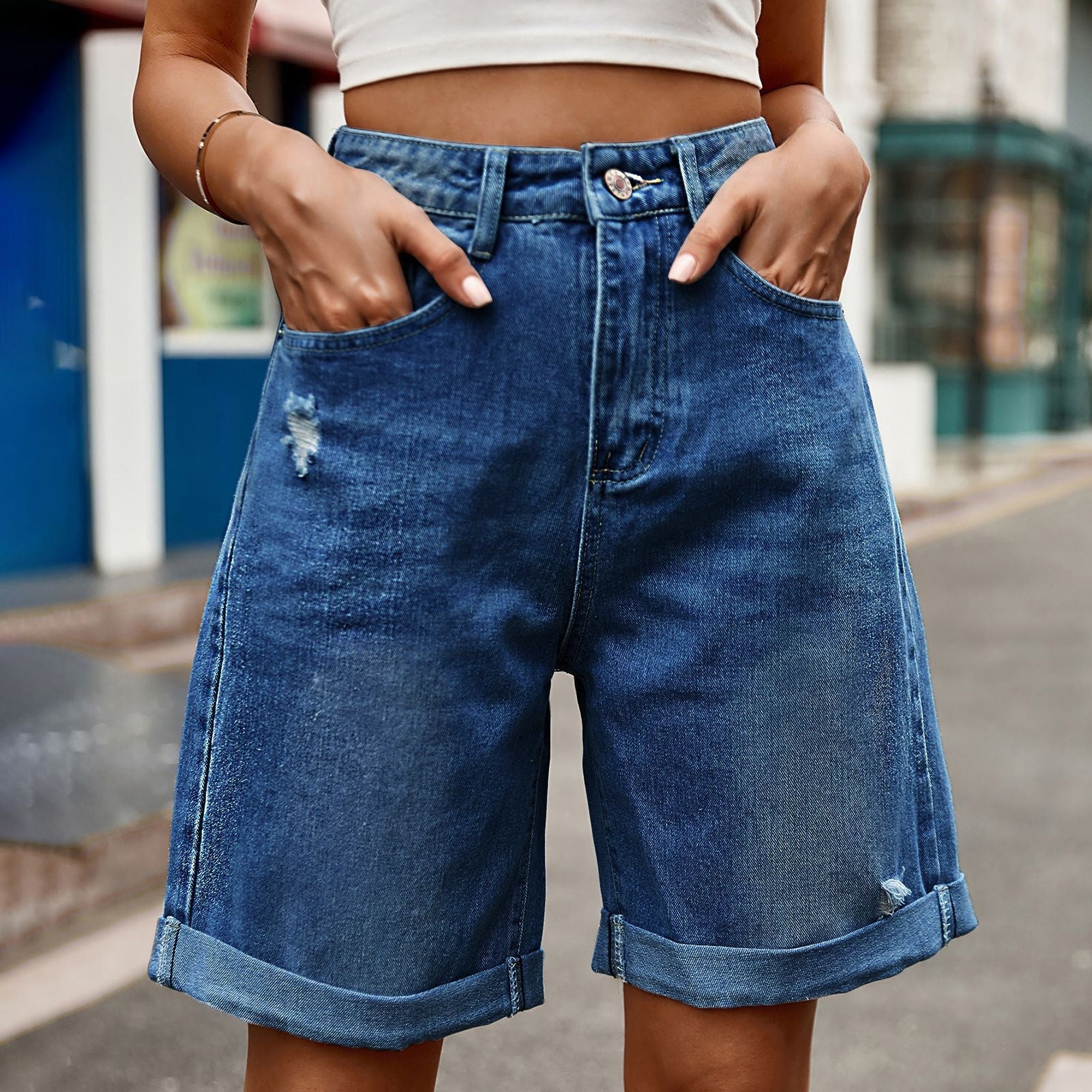 European and American women's perforated rolled edge five quarter denim shorts casual pants