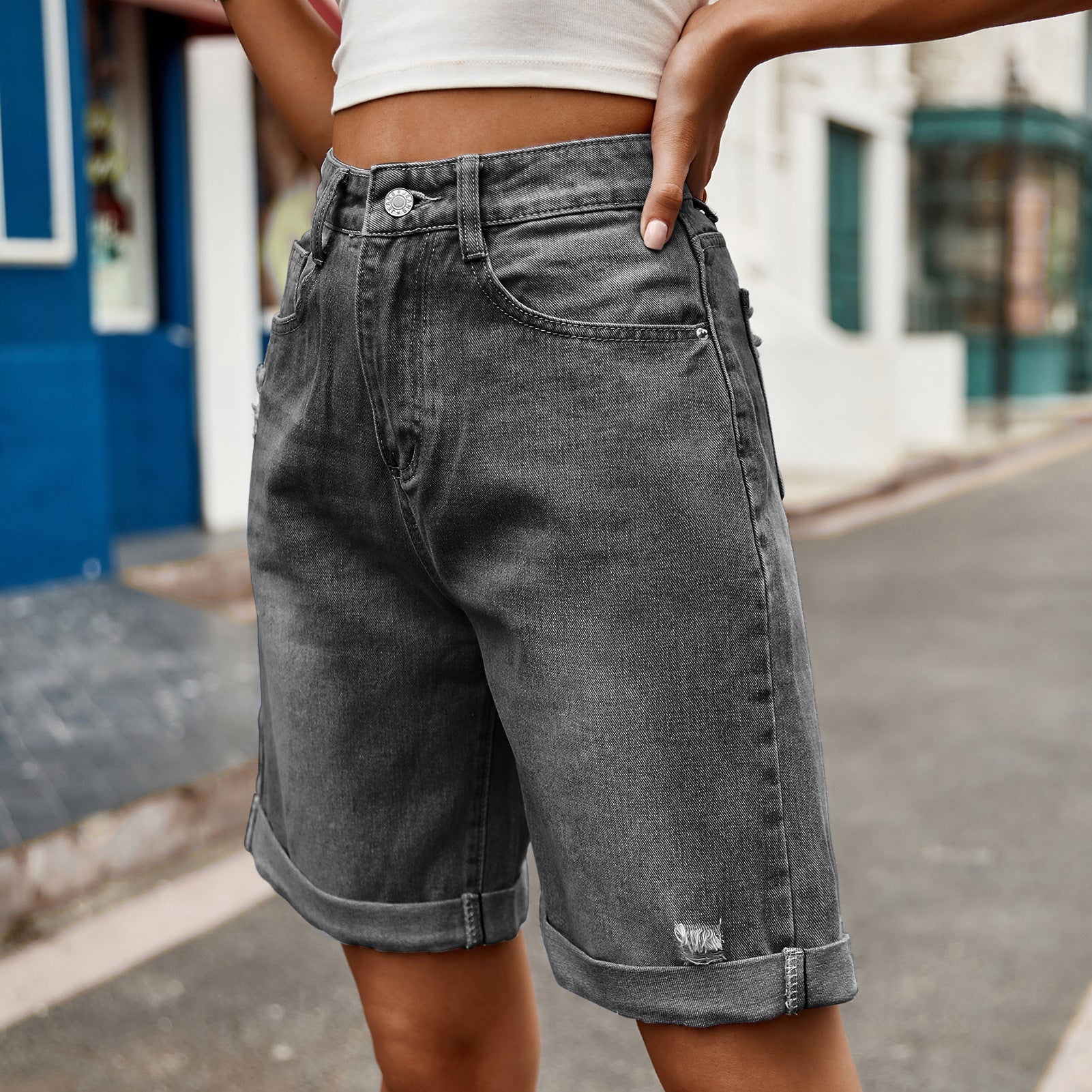 European and American women's perforated rolled edge five quarter denim shorts casual pants
