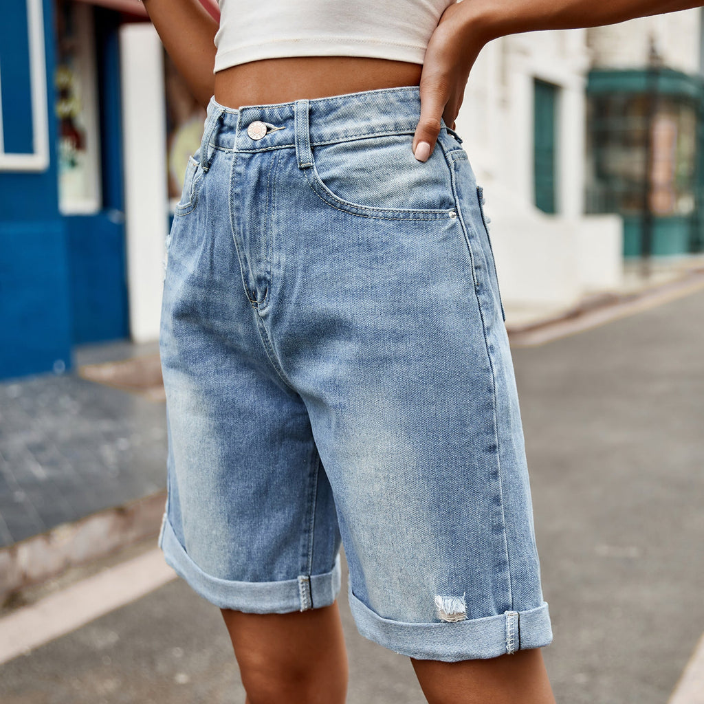 European and American women's perforated rolled edge five quarter denim shorts casual pants