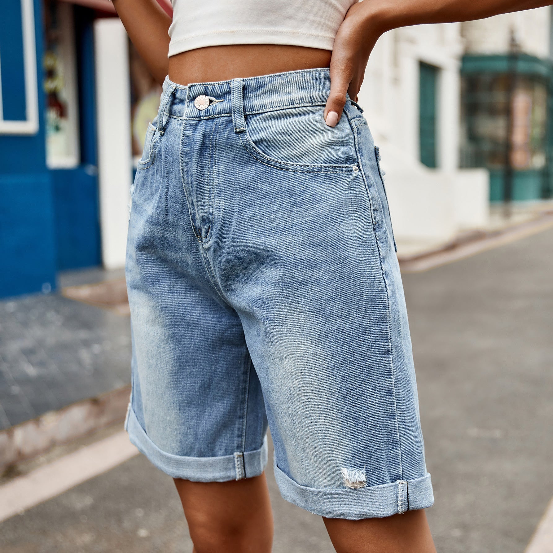 European and American women's perforated rolled edge five quarter denim shorts casual pants