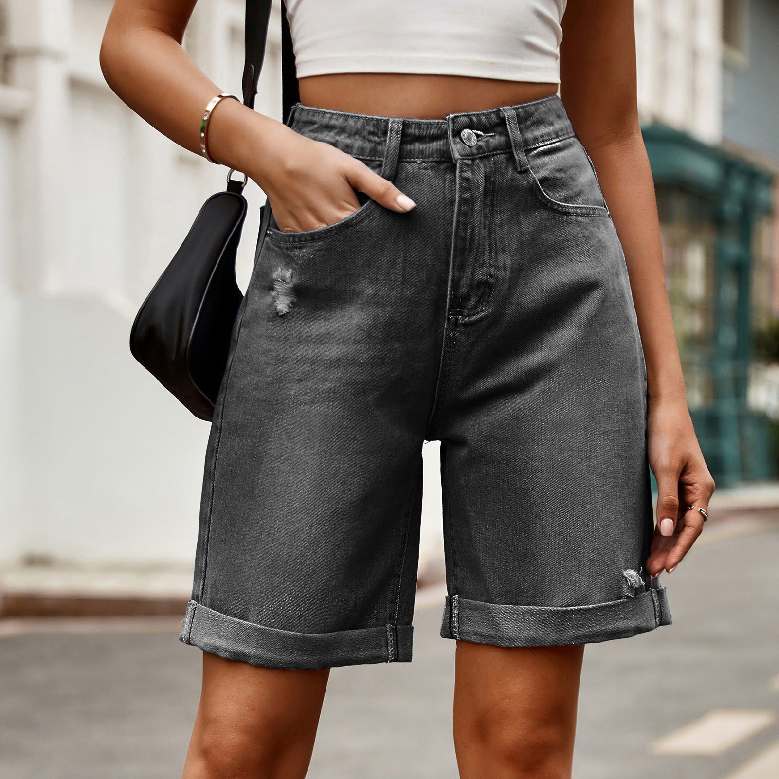 European and American women's perforated rolled edge five quarter denim shorts casual pants