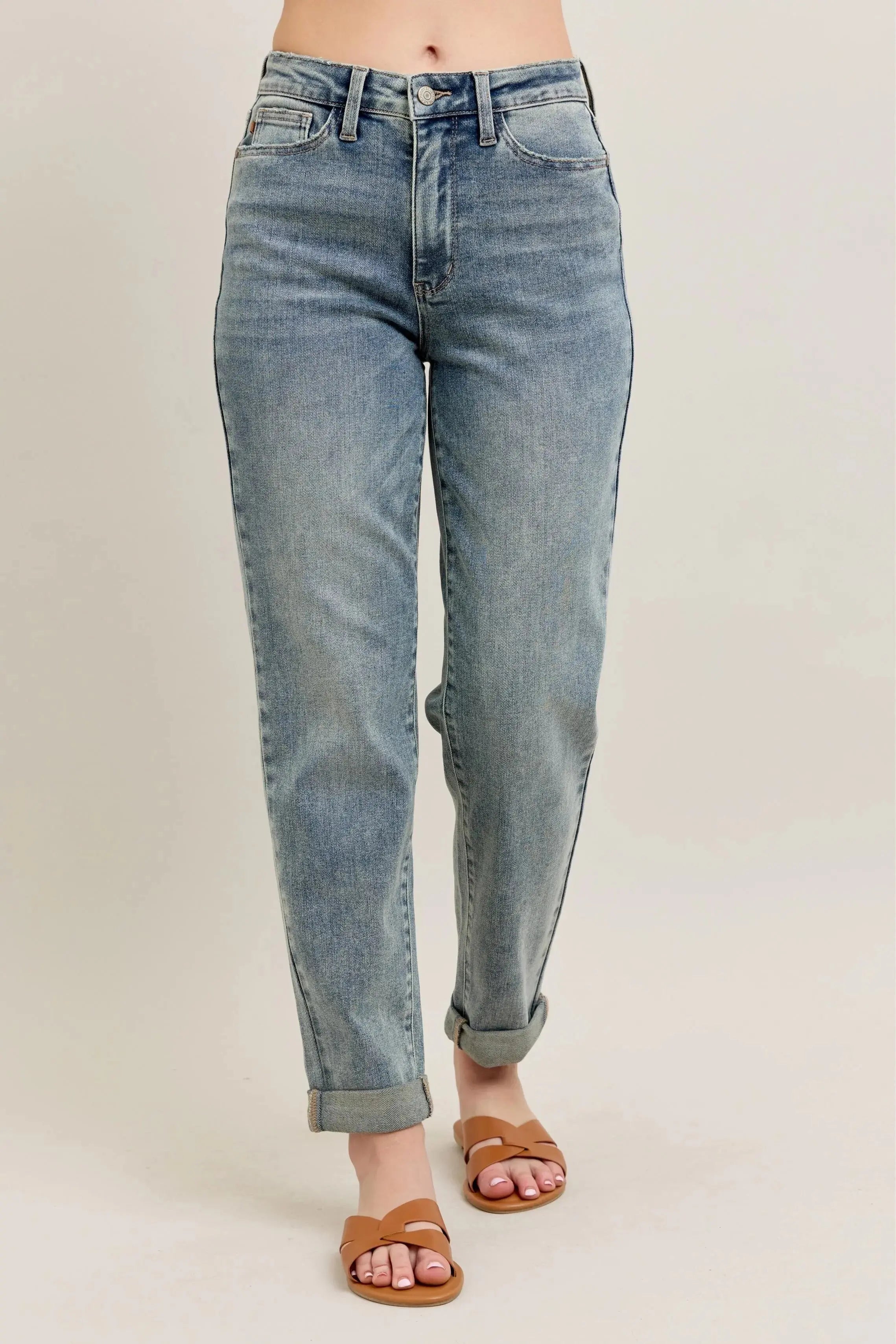 Judy Blue Jeans - Full Size High Waist Vintage Wash Double Roll Cuff Boyfriend Fit