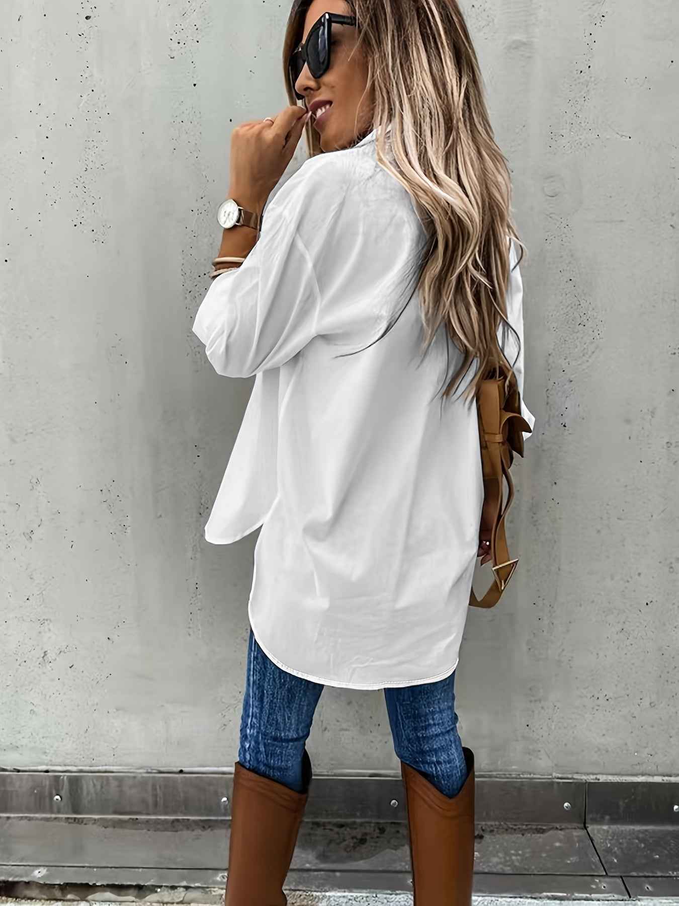 Simple Casual Long Sleeve Blouse with Pocket Women's Blouse