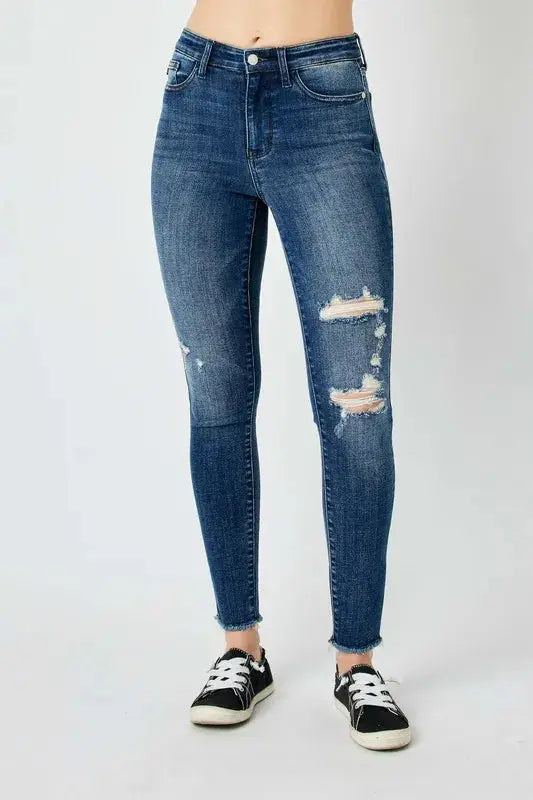 Full Size High Waist Distressed Skinny Leg Judy Blue Jeans