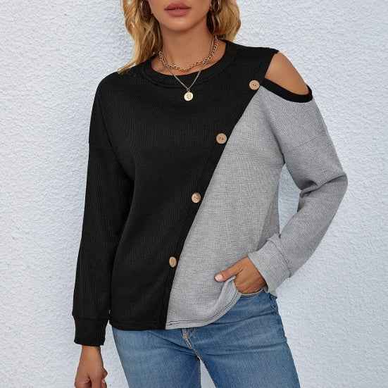 Women's Knitted Long Sleeve Top - Patchwork Versatile Long Sleeve Knitted Women's Top