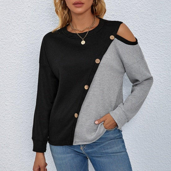 Women's Knitted Long Sleeve Top - Patchwork Versatile Long Sleeve Knitted Women's Top