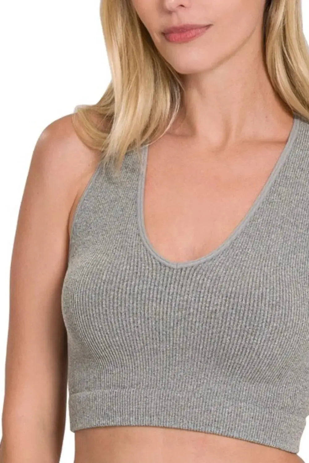 Zenana Gray Seamless Ribbed Cropped Racerback Tank Top