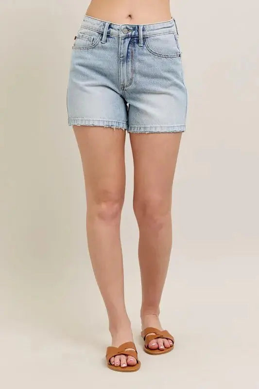 Judy Blue Jeans - Plus Size Frayed Hem High Rise Denim Shorts with Pockets
