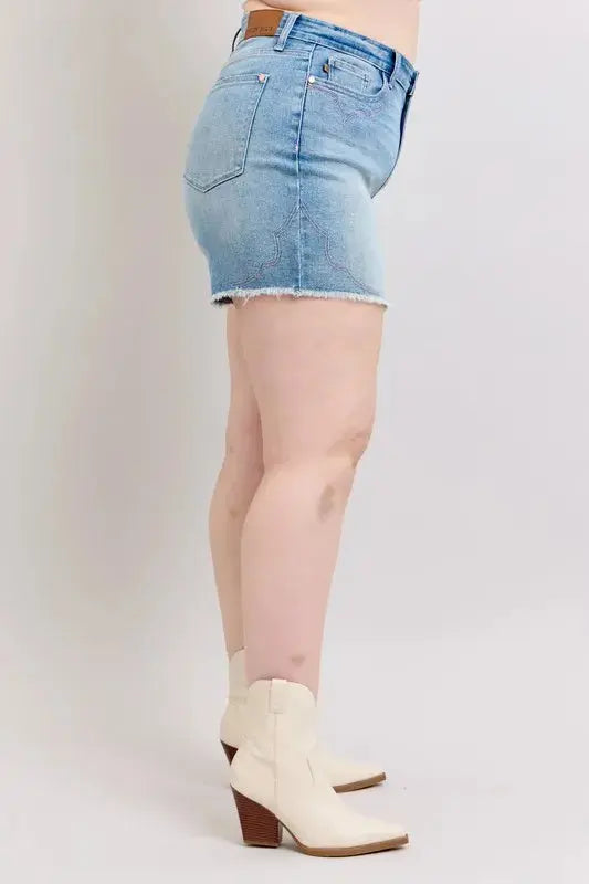 Judy Blue Jeans - Plus Size High Waist Western Embroidery Detail Cut Off Denim Shorts