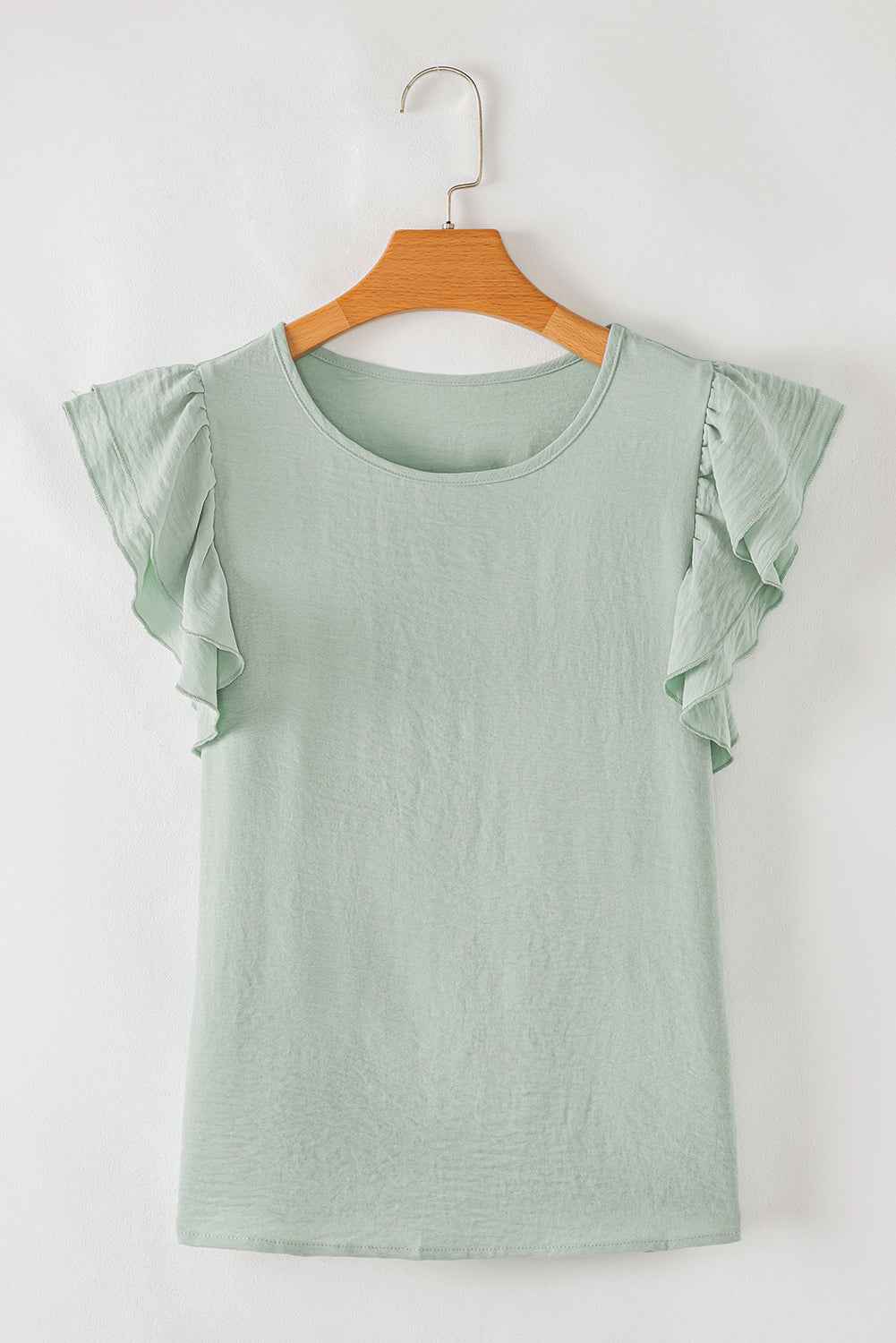 Aqua Ruffle Sleeve Blouse - Clearly Aqua Solid Color Crinkled Top