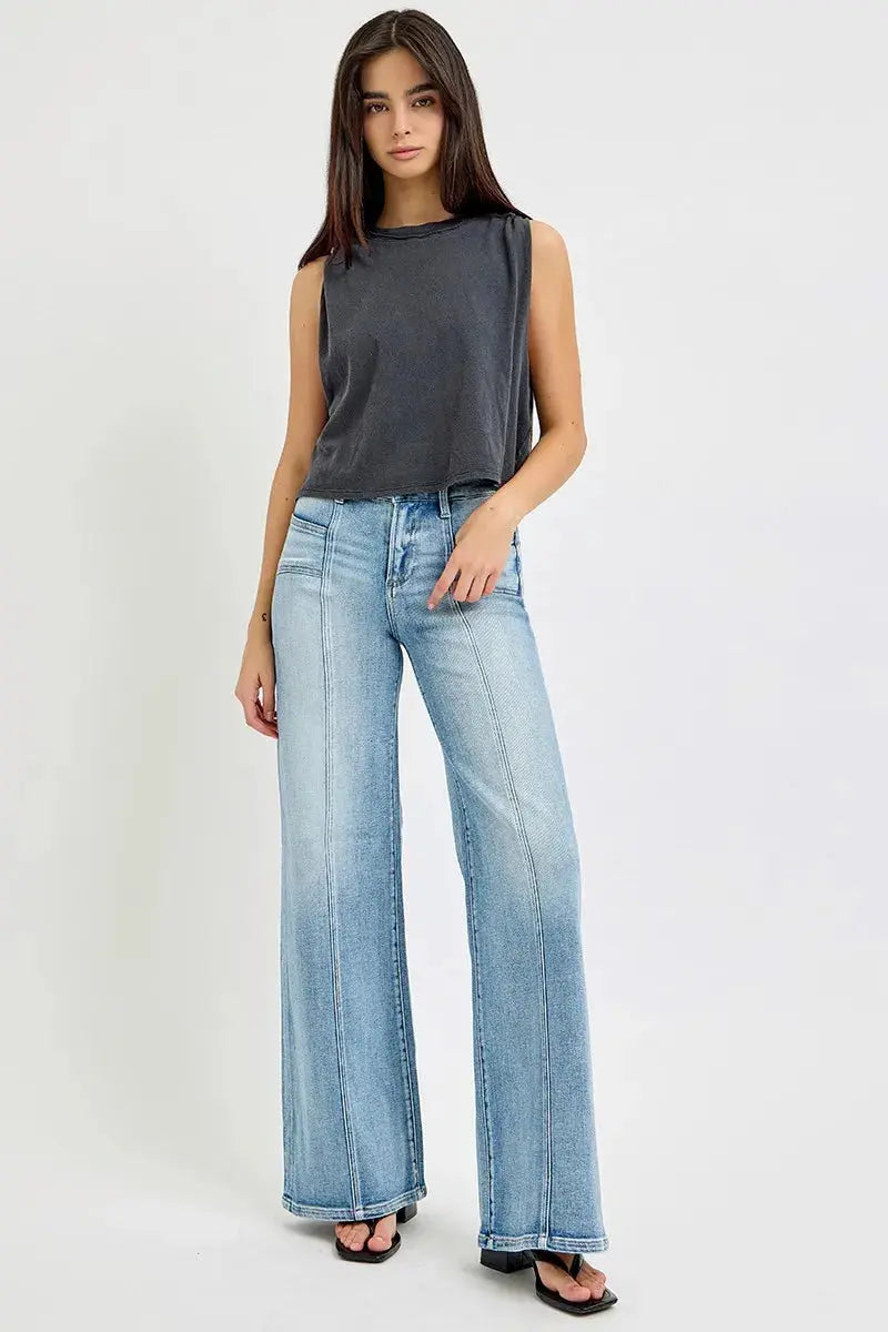 Full Size Mid Rise Wide RISEN Jeans with Front Patch Pocket