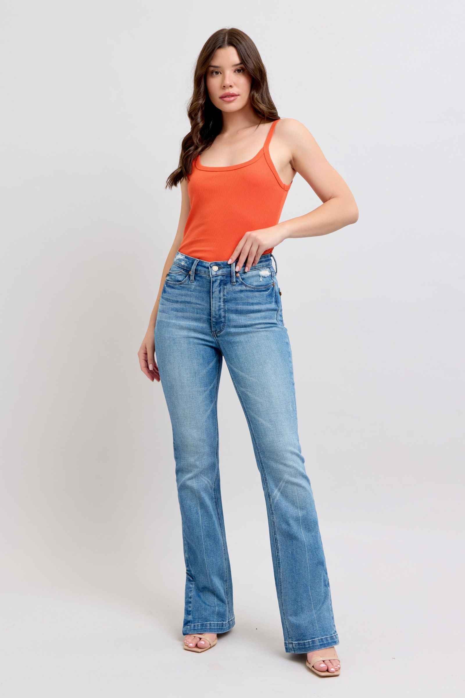 Judy Blue Tummy Control Bootcut Jeans with Vintage Wash and Side Slit Women's Jeans