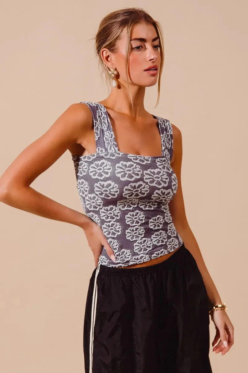 SO ME Charcoal Blue Two Tone Floral Seamless Tank Top