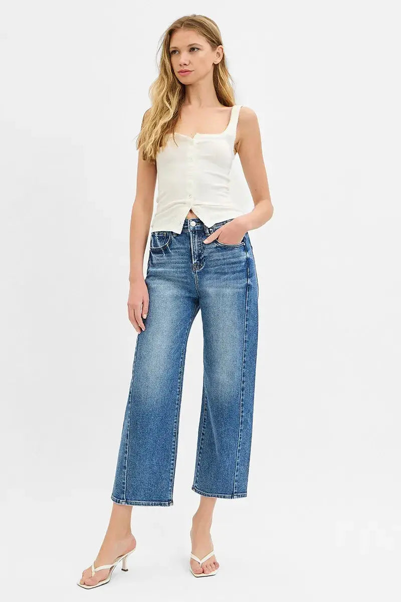 High Rise Crop Length Barrel Adjustable Waist Band RISEN Jeans