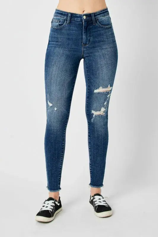 Full Size High Waist Distressed Skinny Leg Judy Blue Jeans
