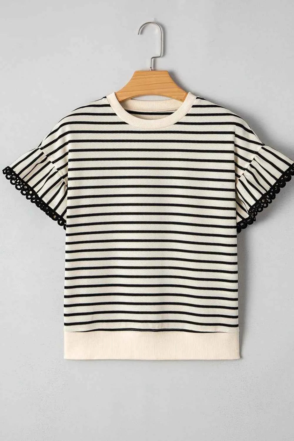 Striped Ruffle Sleeve Blouse with Round Neck