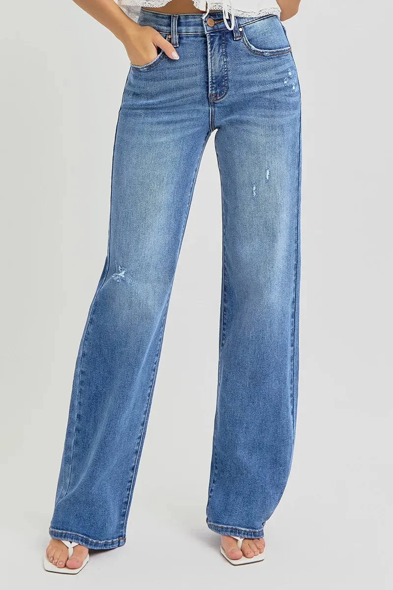 Full Size Tummy Control Elastic Band High Rise Wide RISEN Jeans