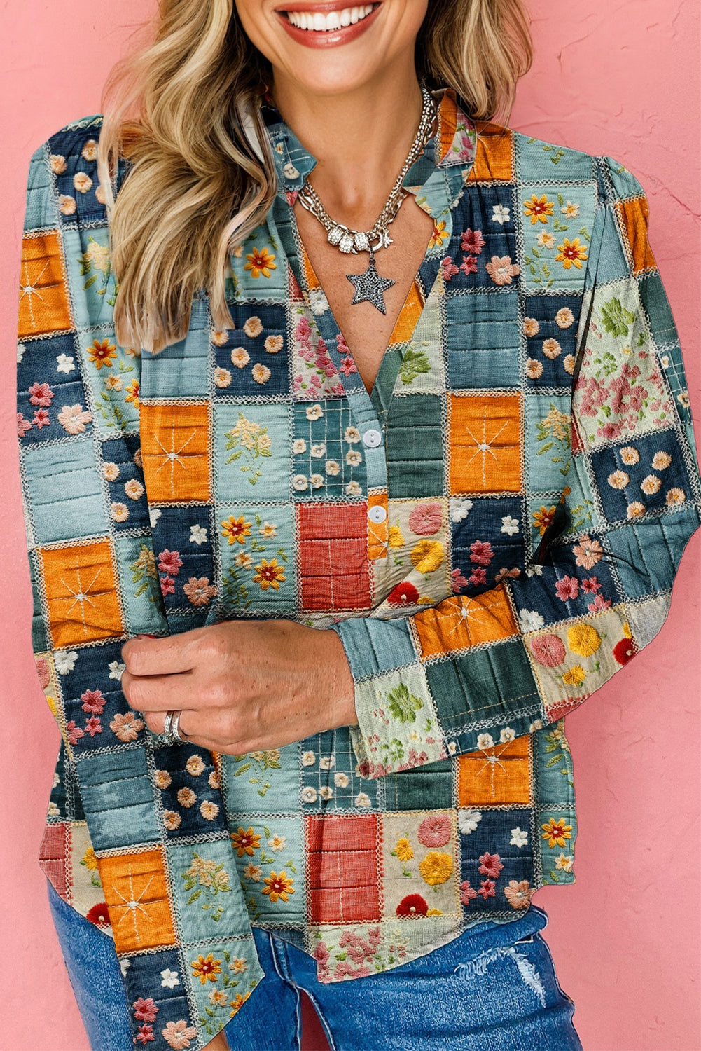 Floral Half Placket Collared V-Neck Blouse