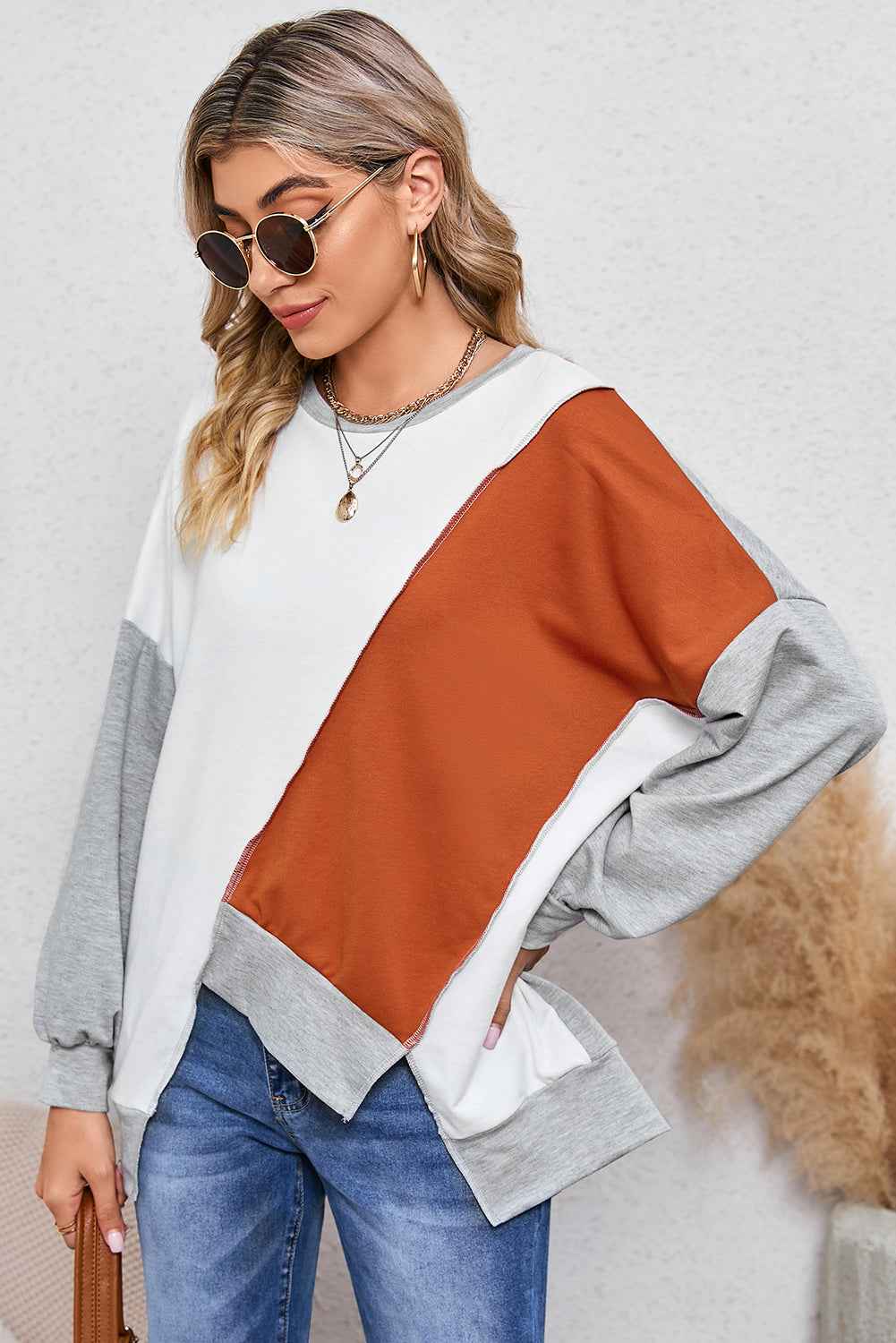 Khaki Colorblock Sweatshirt with Irregular Hem and Long Sleeves Women's Top
