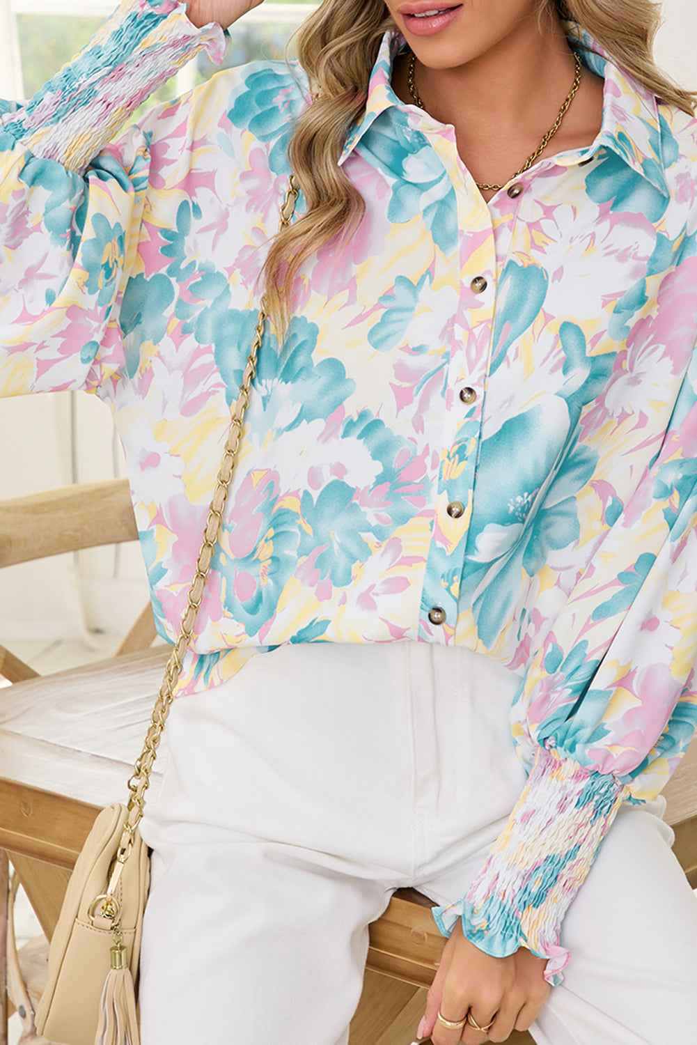 Yellow Floral Oversized Shirt with Shirred Cuffs - Women's Blouse