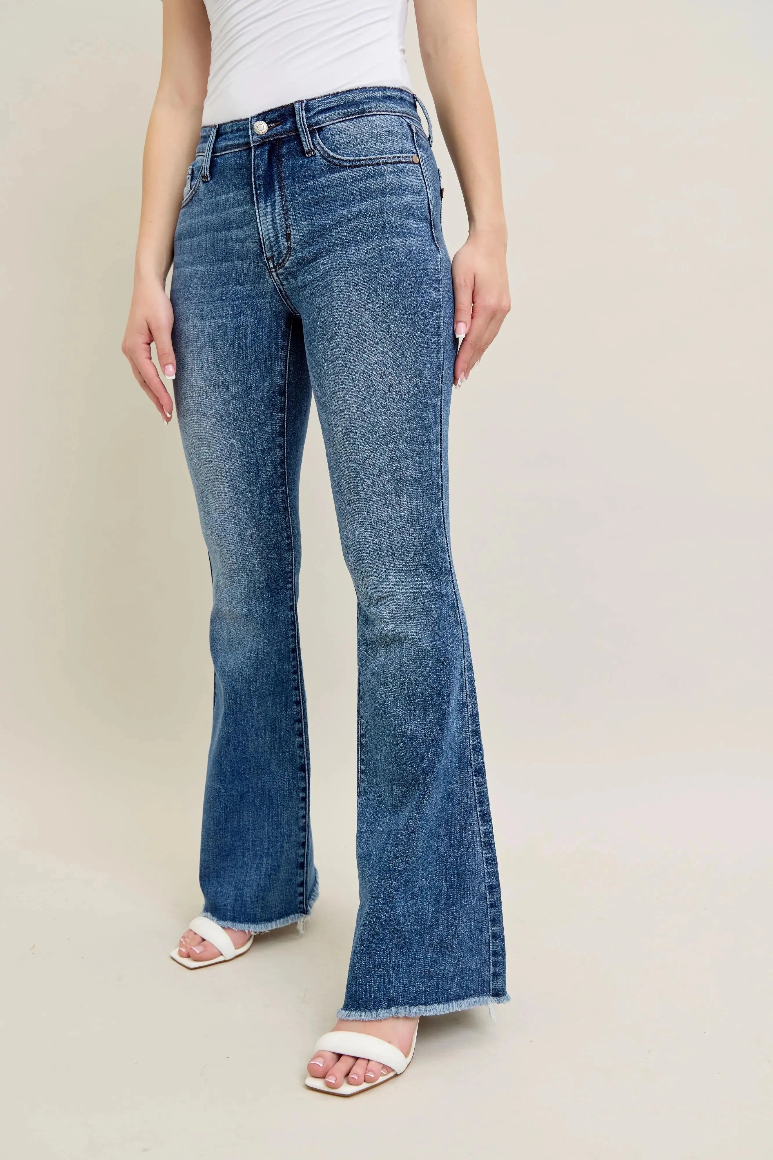Full Size/Plus Size Mr Vintage Wash Flare Judy Blue Jeans w/ Destroy and Fray Hem
