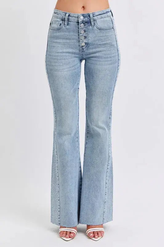 Mid Rise Rhinestone Side Panel Flare Judy Blue Jeans