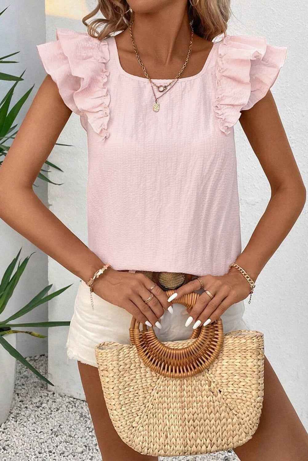 Gossamer Pink Ruffle Sleeve Blouse with Textured Bow Frills and Ruffles