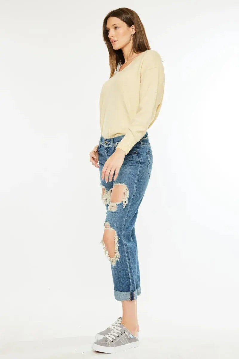 Distressed Mid Rise True Kancan Boyfriend Jeans