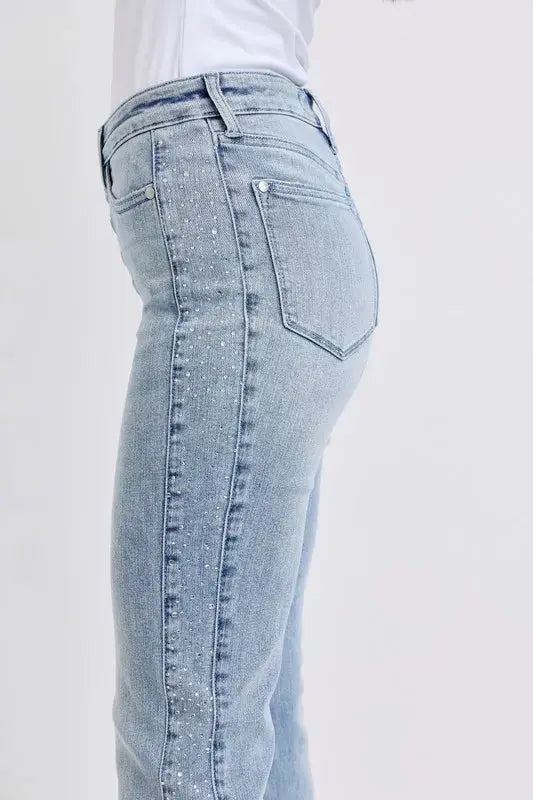 Mid Rise Rhinestone Side Panel Flare Judy Blue Jeans