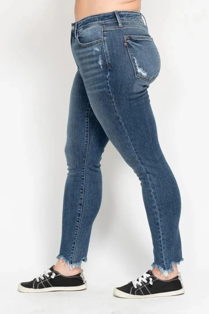 Plus Size High Waist Skinny Judy Blue Jeans with Destroy & Shark Bit Hem