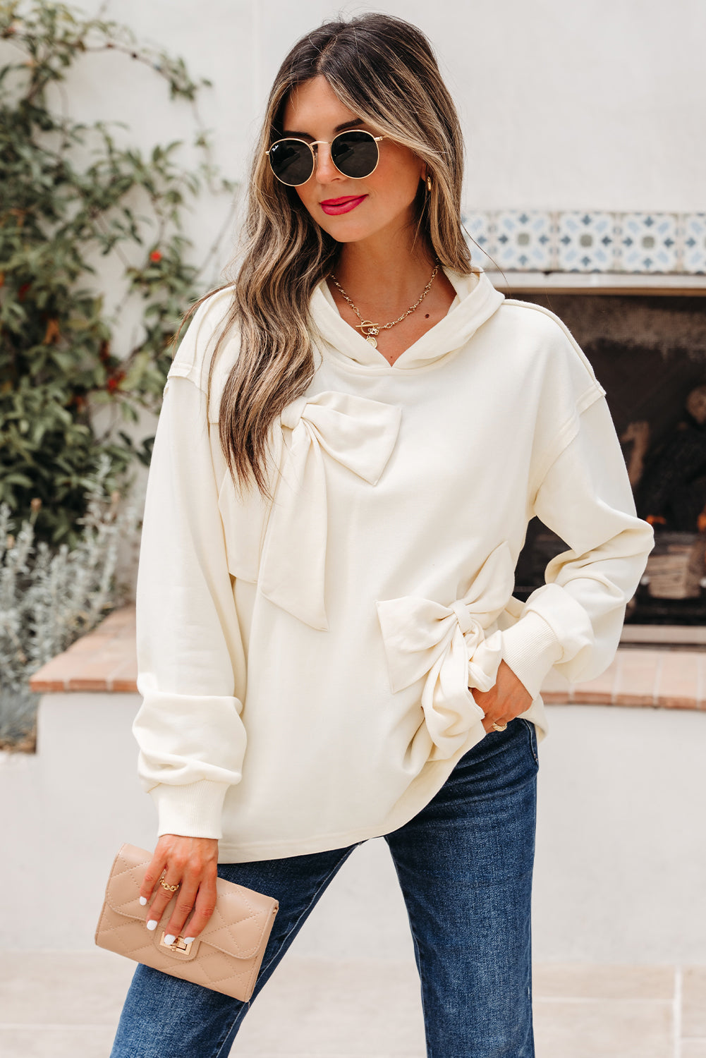 Solid Bow Long Sleeve Hoodie