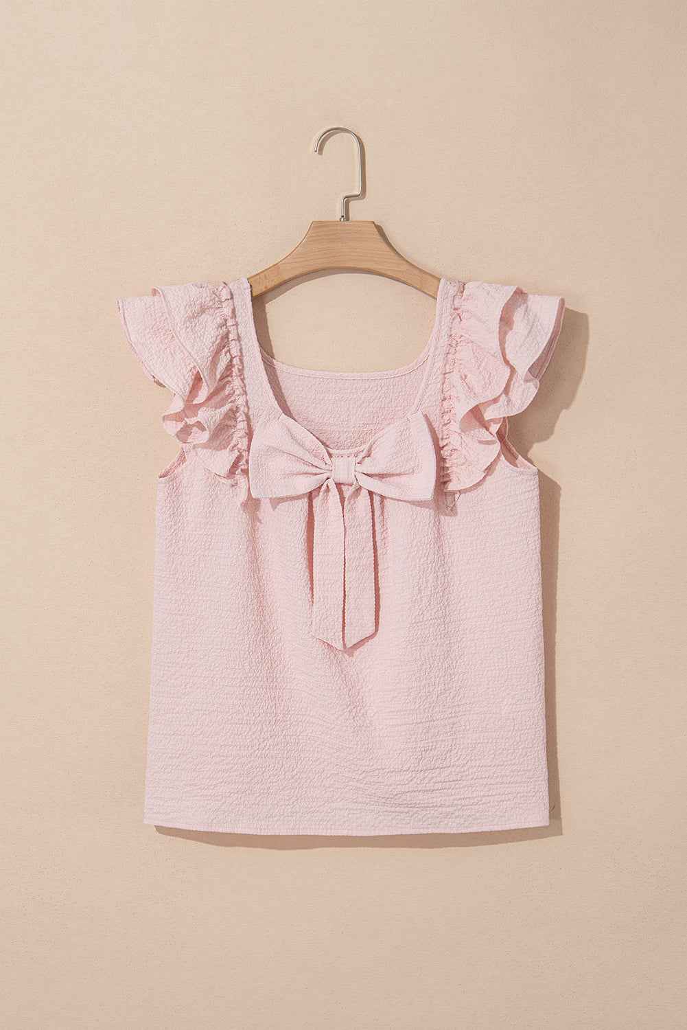 Gossamer Pink Ruffle Sleeve Blouse with Textured Bow Frills and Ruffles