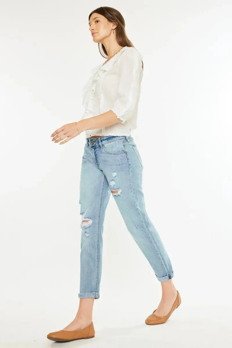 Mid Rise Distressed Kancan Boyfriend Jeans - Light Wash
