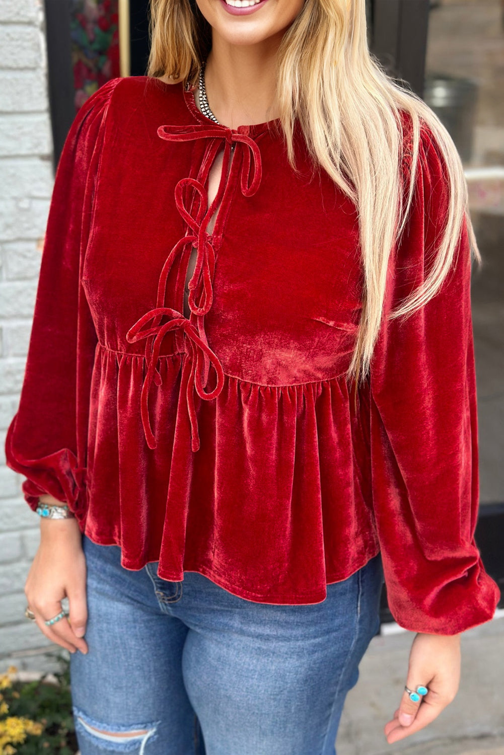 Plus Size Velvet Tie Front Peplum Blouse