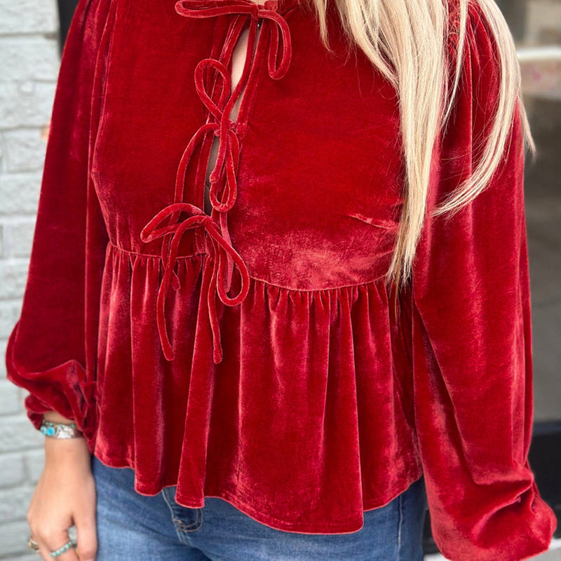Plus Size Velvet Tie Front Peplum Blouse