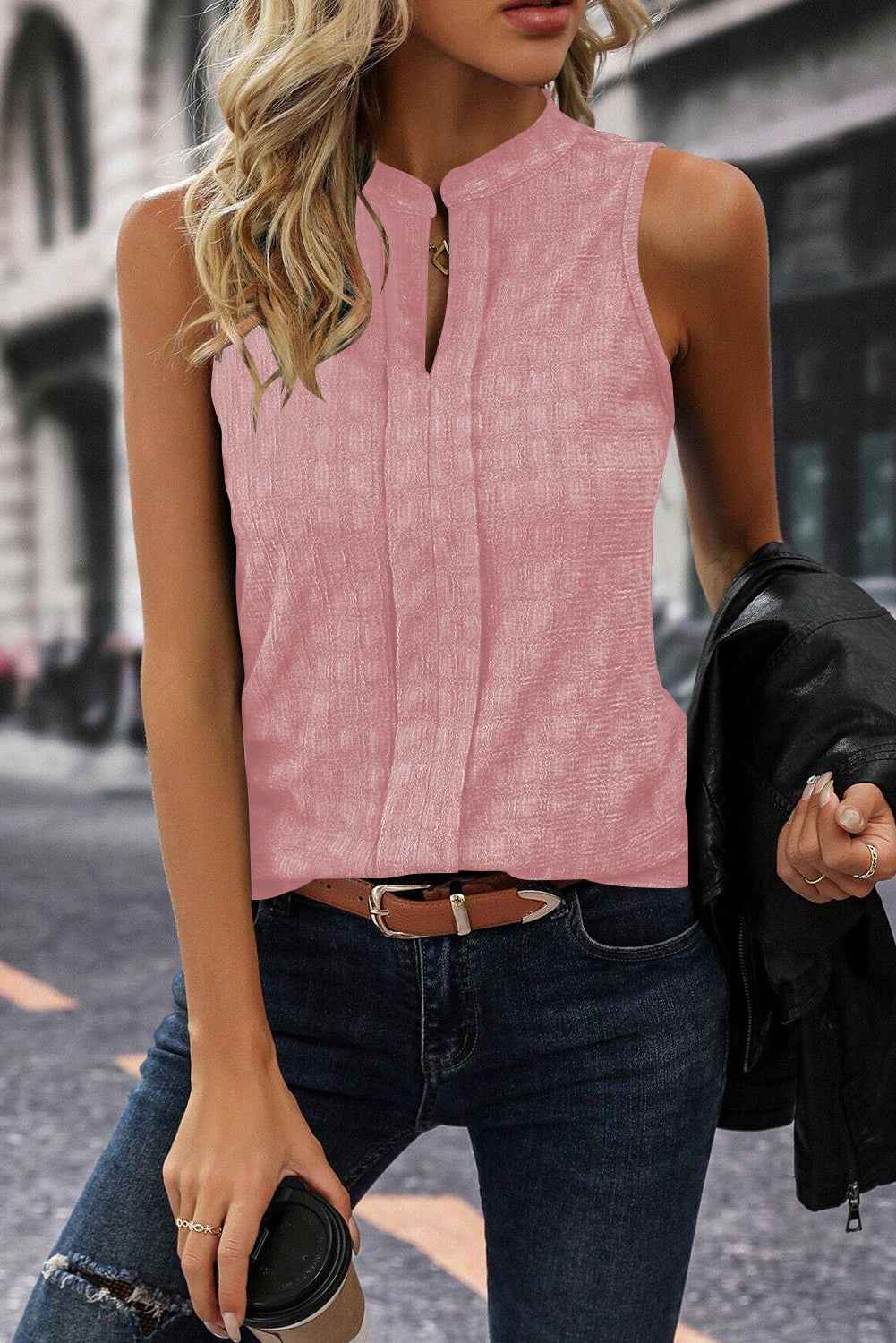 Sea Green Sleeveless Top - Textured Split V Neck Women's Shirt