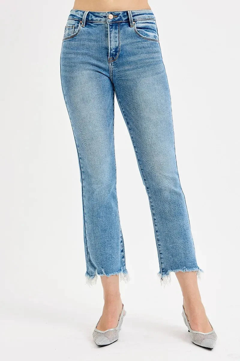 Full Size High Rise Crop Straight Slim Medium Wash RISEN Jeans