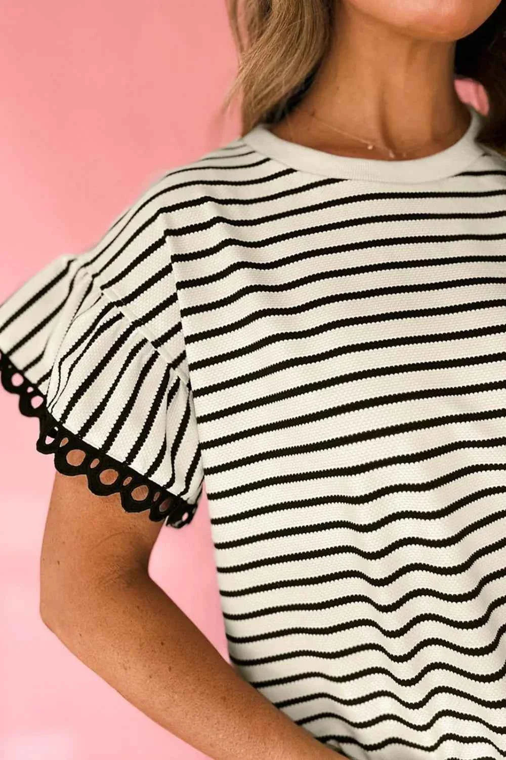 Striped Ruffle Sleeve Blouse with Round Neck