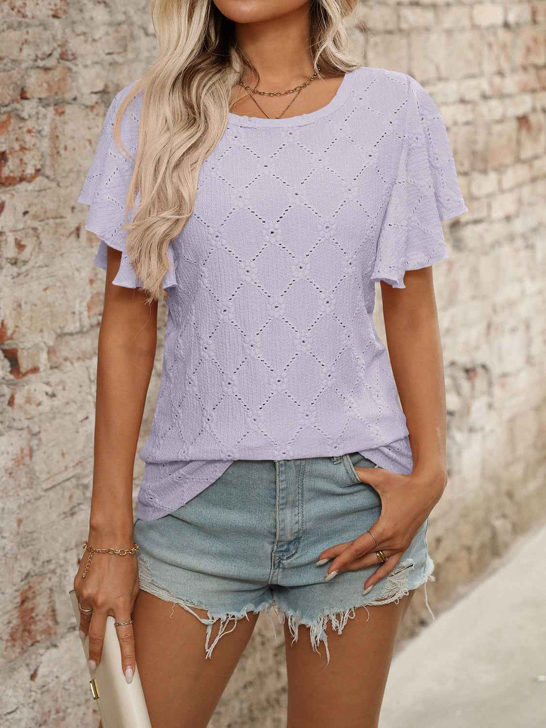 Eyelet Flutter Sleeve Top - Round Neck & Stylish Women's Top