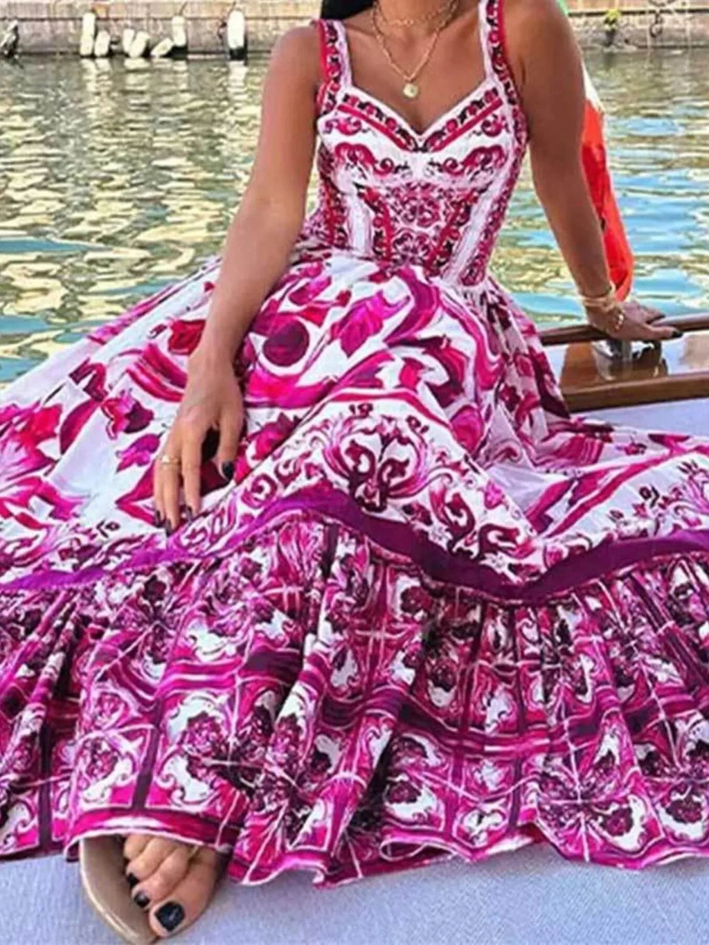 Full Size Boho Printed Sweetheart Neck Maxi Cami Dress