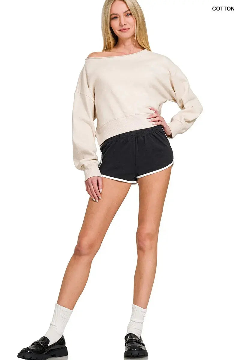 Zenana Elastic Waist Cotton Dolphin Hem Shorts in Black