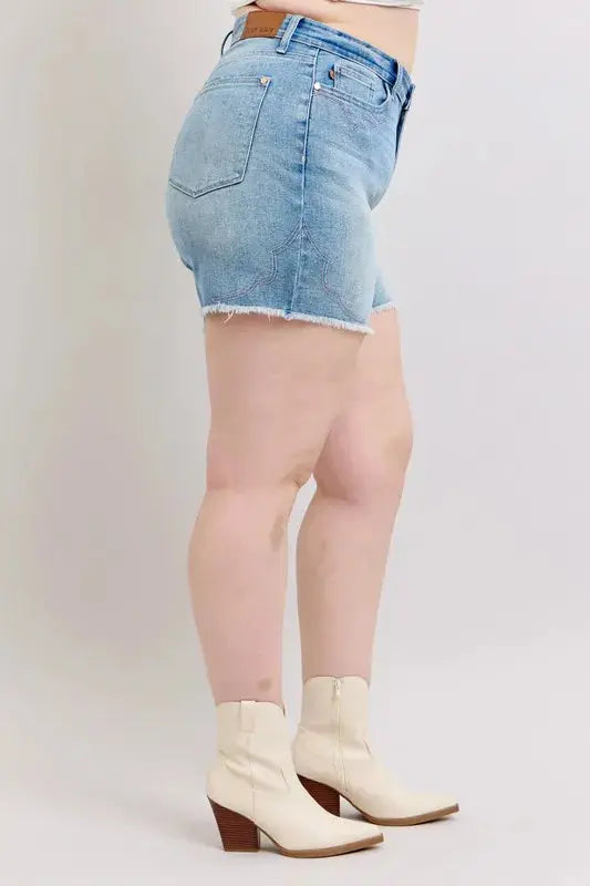 Judy Blue Jeans - Plus Size High Waist Western Embroidery Detail Cut Off Denim Shorts